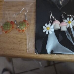 Cute Turtle and Mushroom And Flower 3 Pr Earrings Set